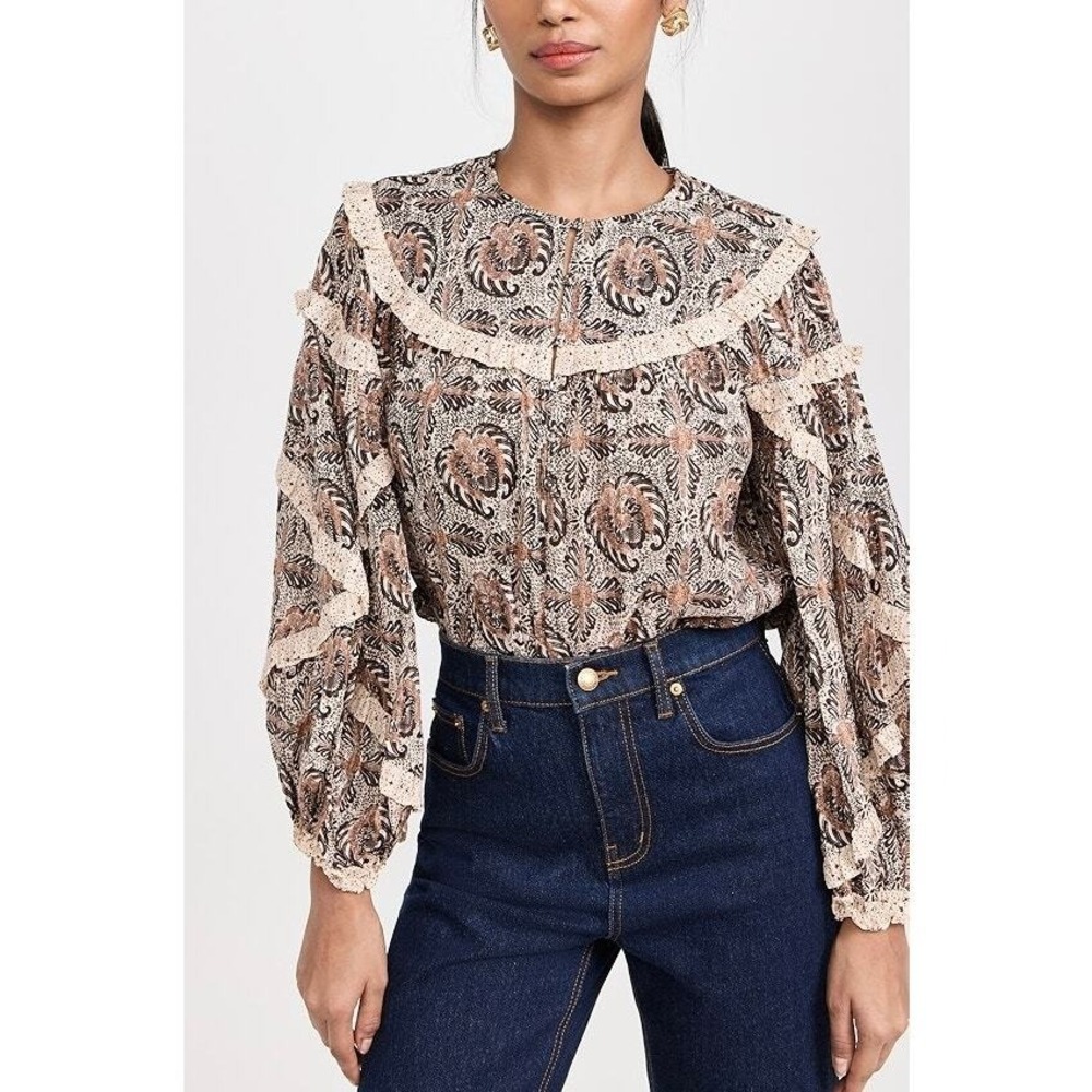 ULLA JOHNSON Edith Blouse Women 2 Brown Floral Lace Trim Ruffle Long Sleeve Top